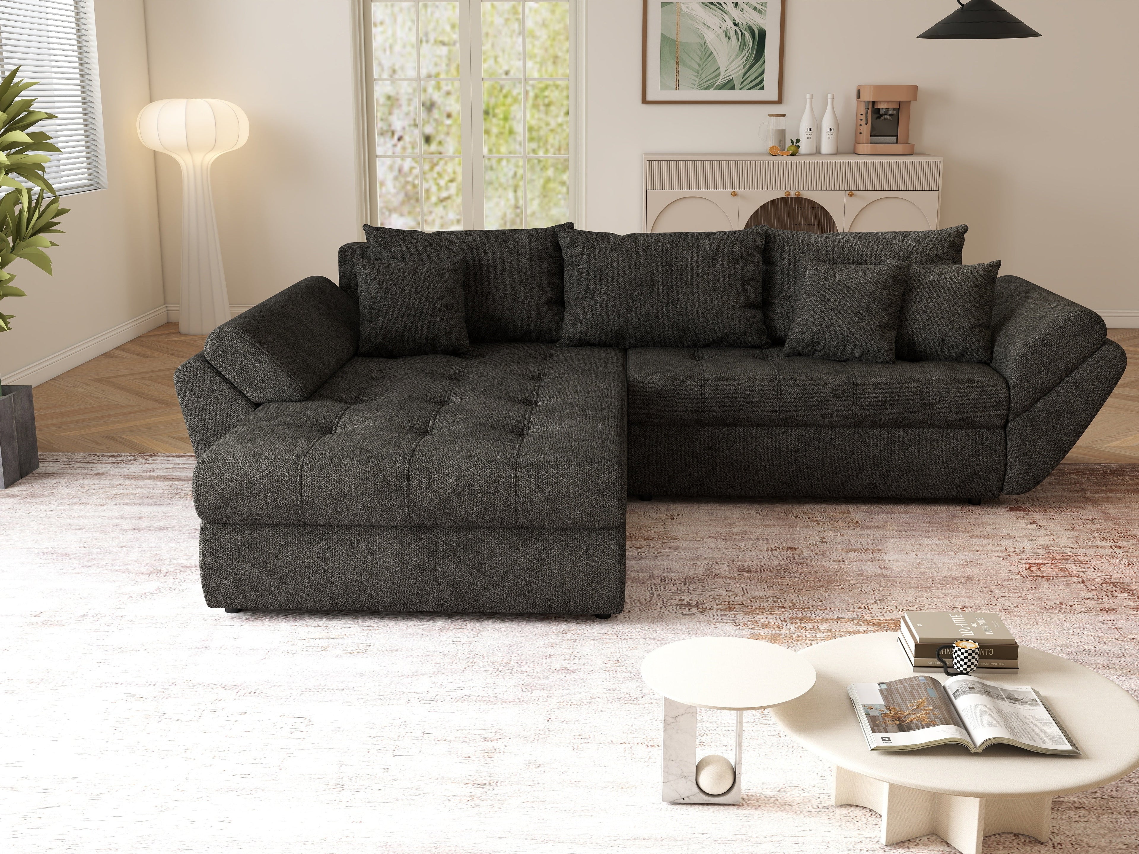 Colțar extensibil dumonde cu ladă de depozitare si sezut confortabil din spuma high-density, Loana Enjoy Black II 270x185 cm