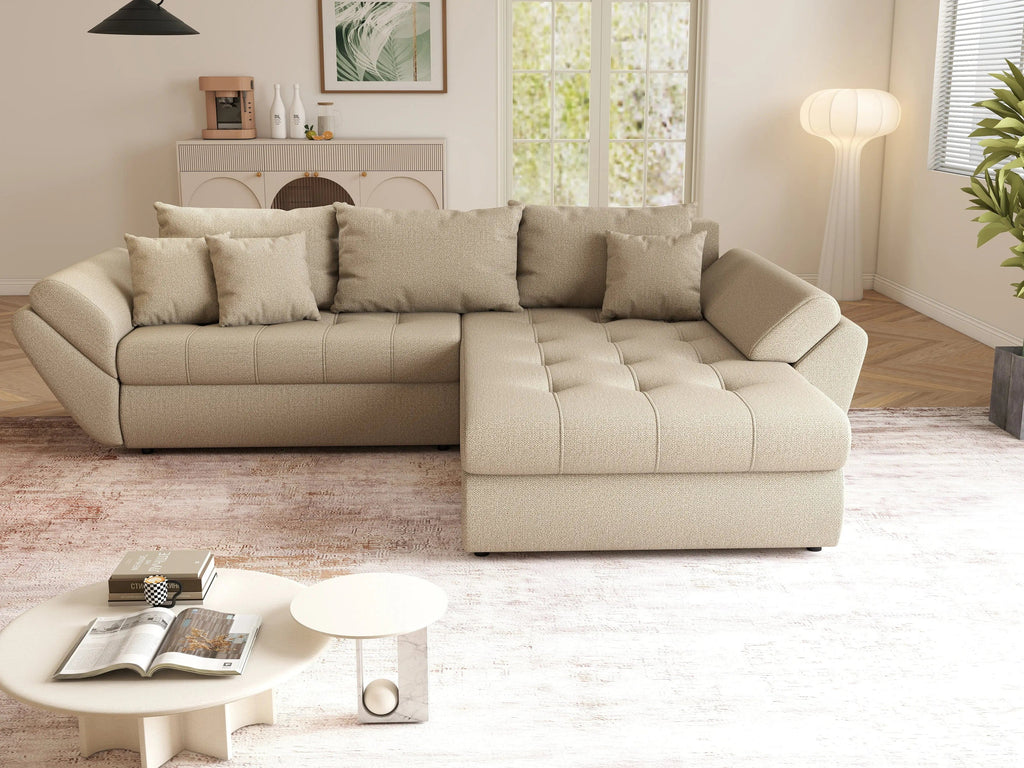Colțar extensibil dumonde cu ladă de depozitare si sezut confortabil din spuma high-density, Loana Enjoy Camel 270x185 cm