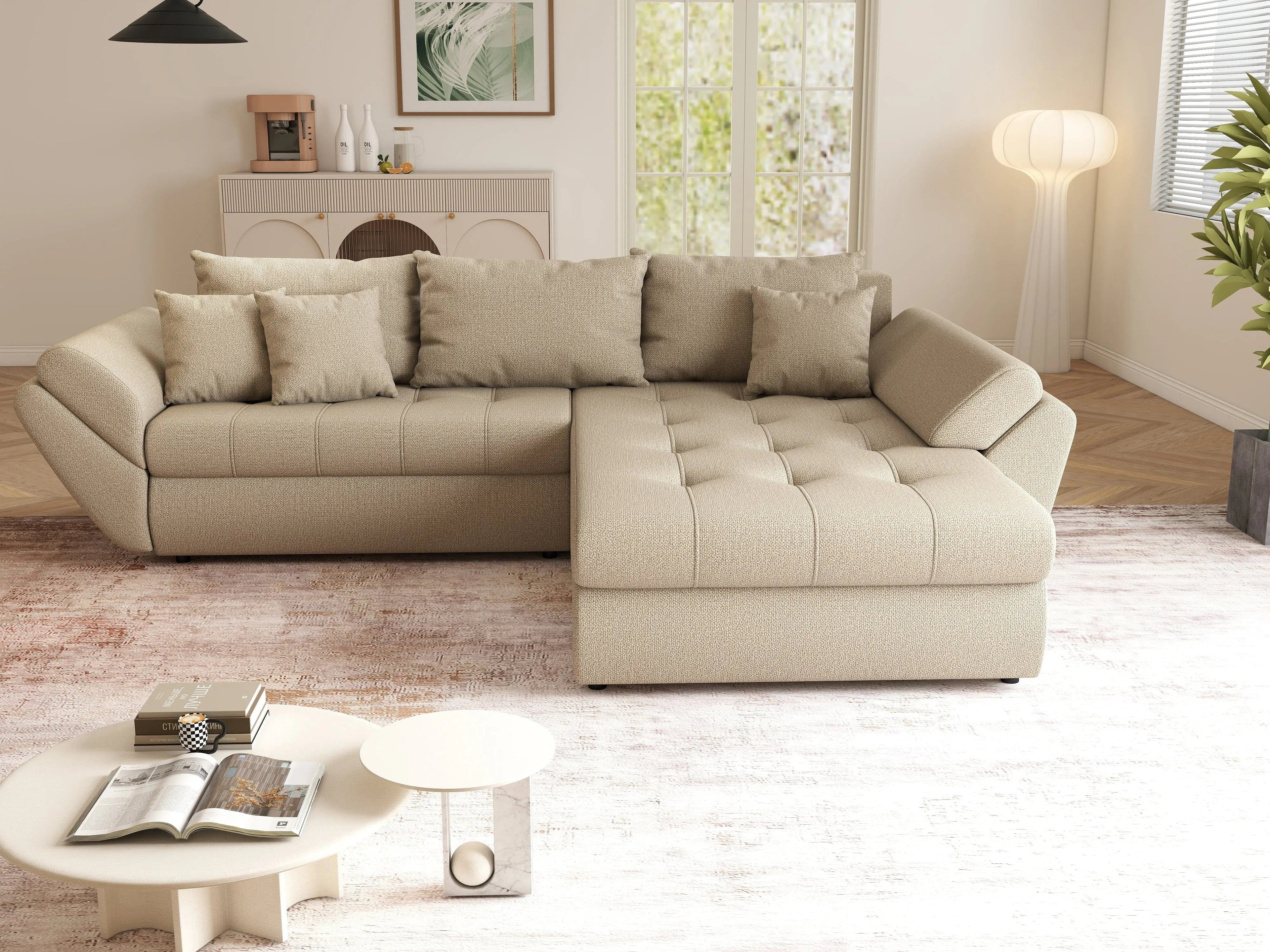 Colțar extensibil dumonde cu ladă de depozitare si sezut confortabil din spuma high-density, Loana Enjoy Camel 270x185 cm
