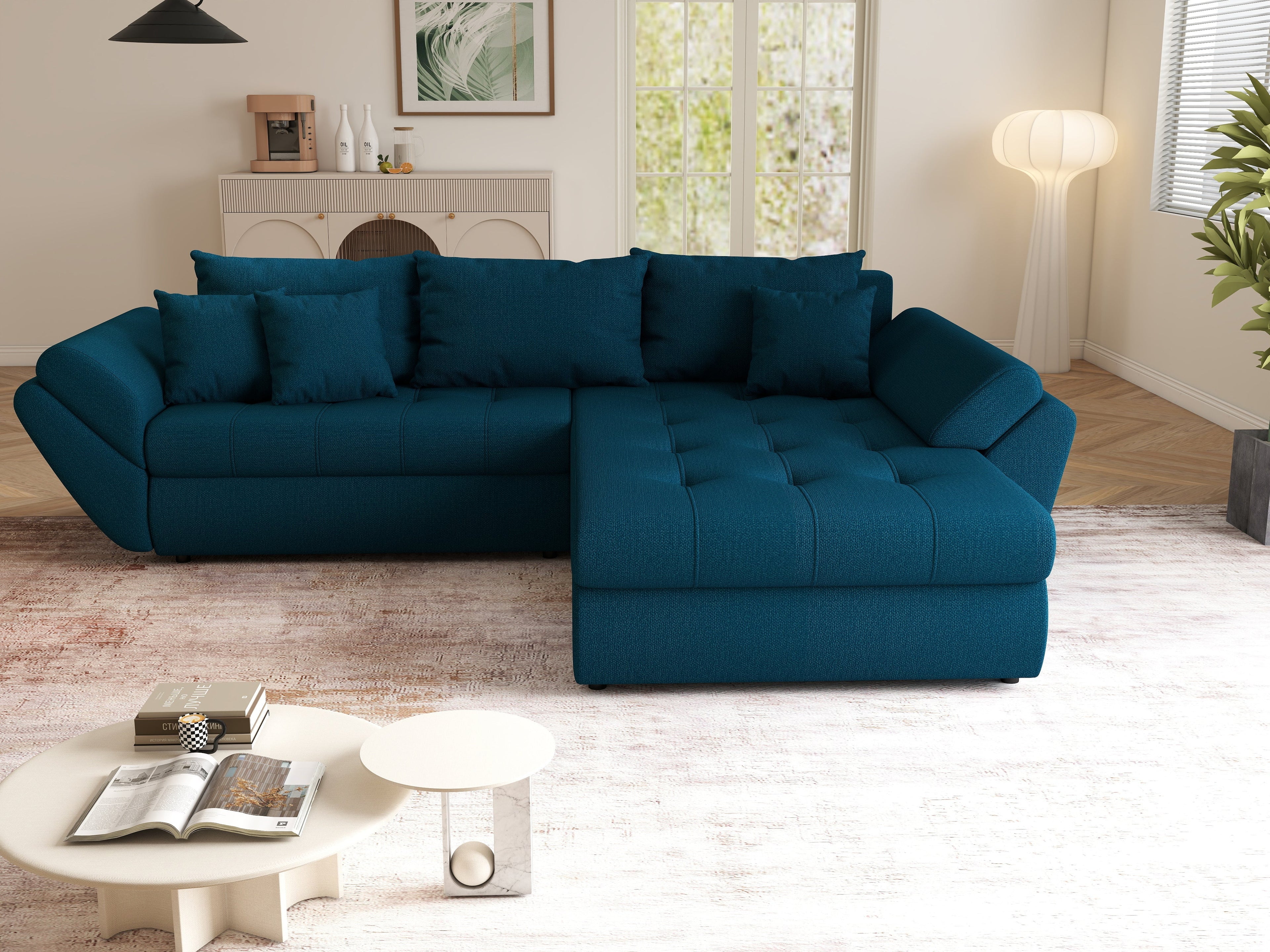Colțar extensibil dumonde cu ladă de depozitare si sezut confortabil din spuma high-density, Loana Enjoy Petrol II 270x185 cm