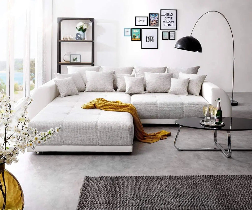 Canapea extensibilă dumonde cu 2 lăzi de depozitare si sezut confortabil din spuma high-density, Verona Loft White 310x100 cm cu taburet inclus