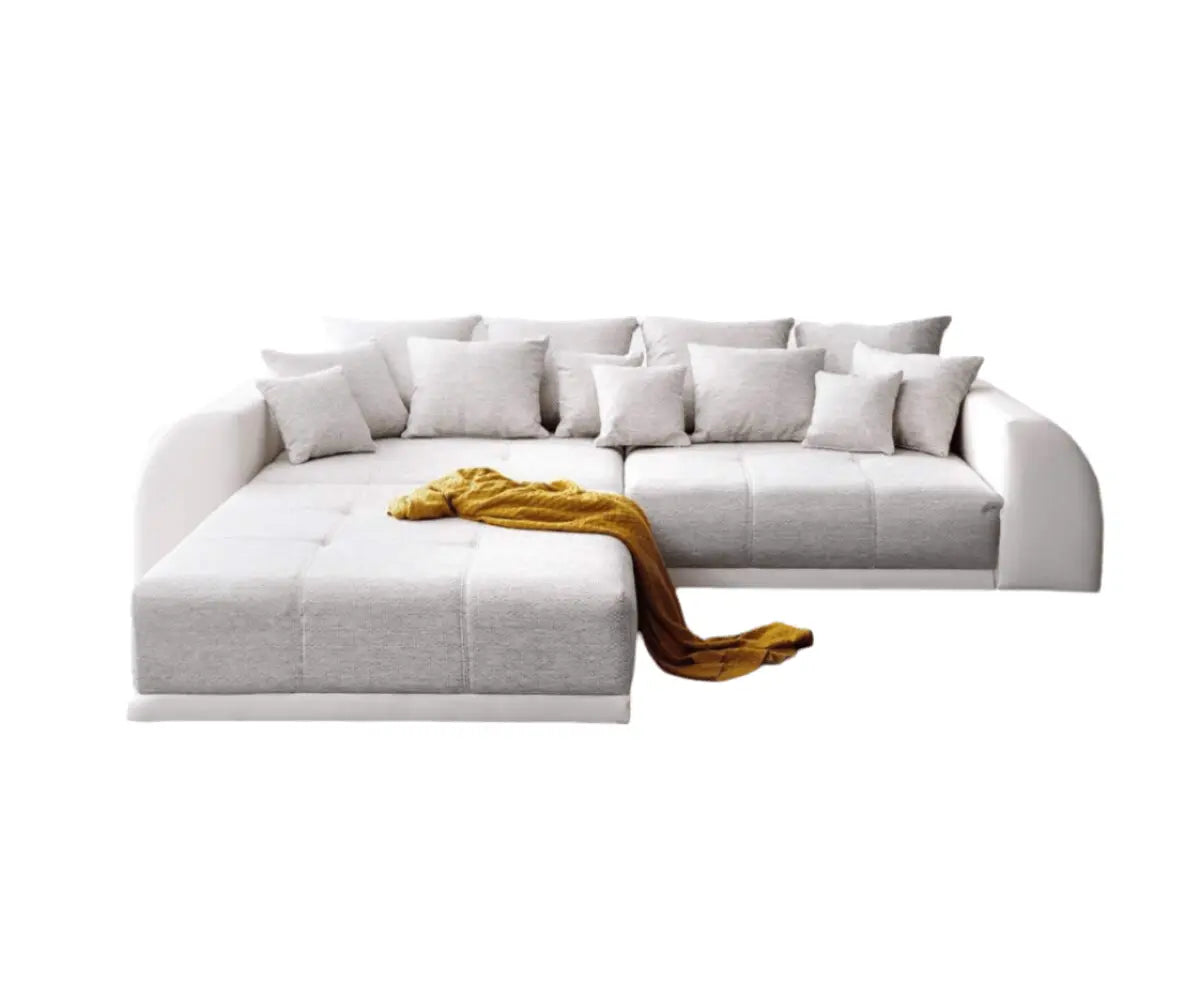Canapea extensibilă dumonde cu 2 lăzi de depozitare si sezut confortabil din spuma high-density, Verona Loft White 310x100 cm cu taburet inclus