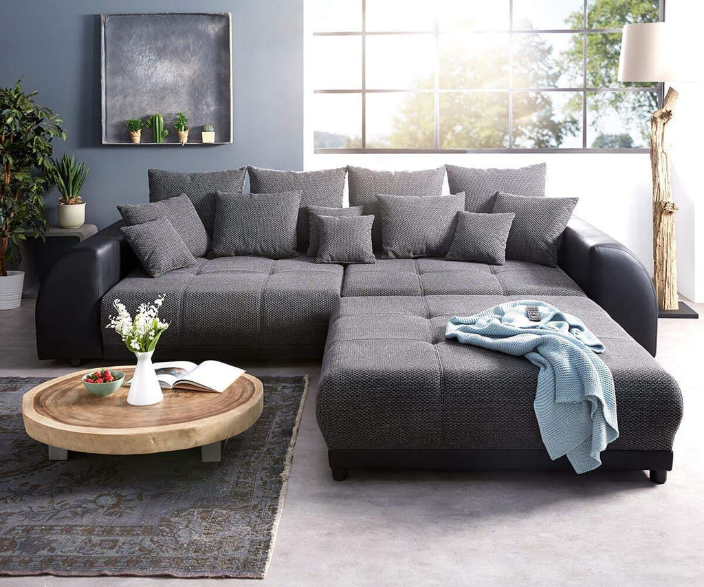 Canapea extensibilă dumonde cu 2 lăzi de depozitare si sezut confortabil din spuma high-density, Verona Magma Black 310x100 cm cu taburet inclus