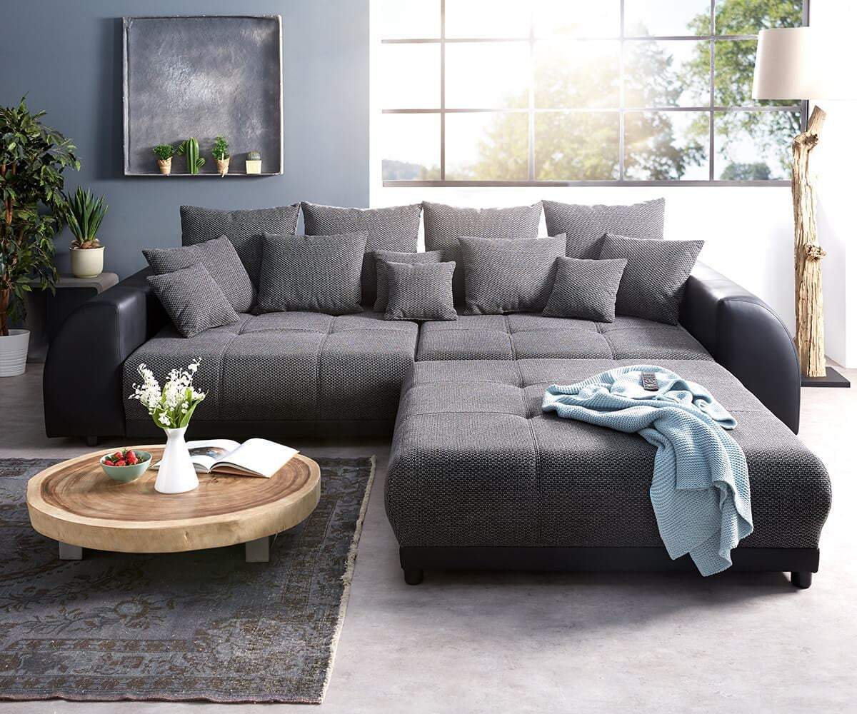 Canapea extensibilă dumonde cu 2 lăzi de depozitare si sezut confortabil din spuma high-density, Verona Magma Black 310x100 cm cu taburet inclus