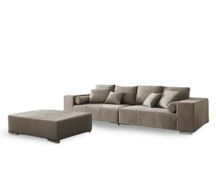 Canapea extensibilă dumonde cu ladă de depozitare si sezut confortabil din spuma high-density, Marbela Enjoy Camel XXL 295x100 cm cu taburet inclus
