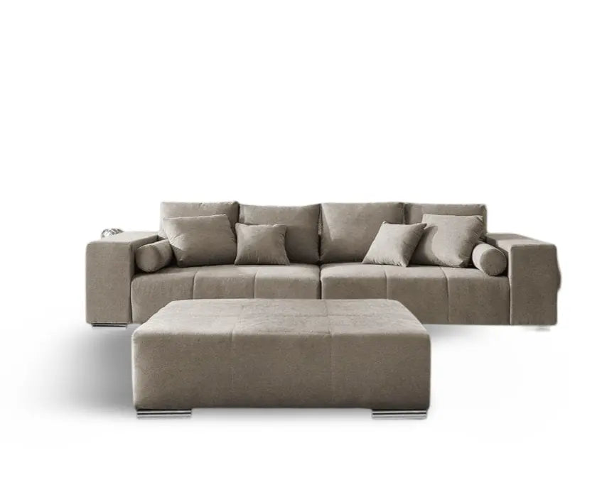 Canapea extensibilă dumonde cu ladă de depozitare si sezut confortabil din spuma high-density, Marbela Enjoy Camel XXL 295x100 cm cu taburet inclus