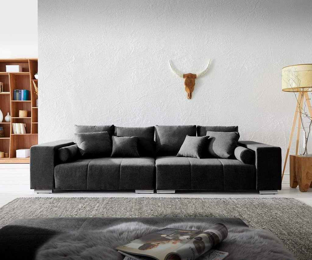 Canapea extensibilă dumonde cu ladă de depozitare si sezut confortabil din spuma high-density, Marbela Enjoy Black XXL 295x100 cm cu taburet inclus
