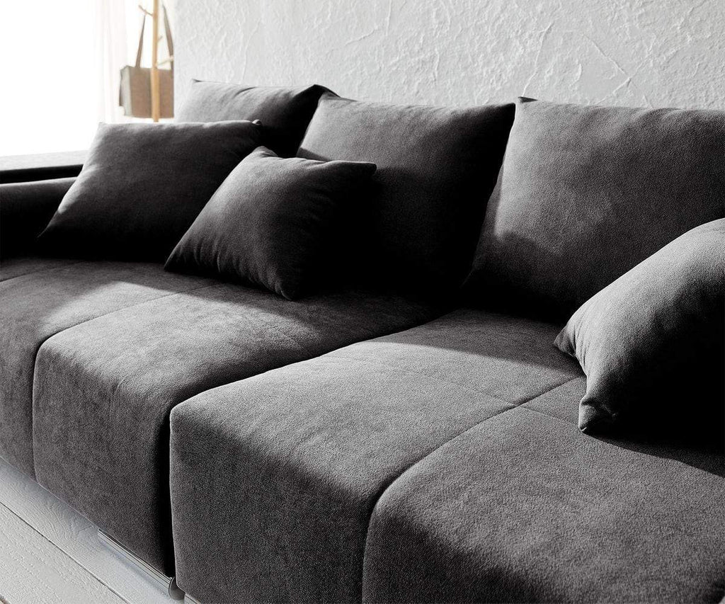 Canapea extensibilă dumonde cu ladă de depozitare si sezut confortabil din spuma high-density, Marbela Enjoy Black XXL 295x100 cm cu taburet inclus