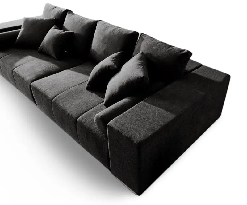 Canapea extensibilă dumonde cu ladă de depozitare si sezut confortabil din spuma high-density, Marbela Enjoy Black XXL 295x100 cm cu taburet inclus