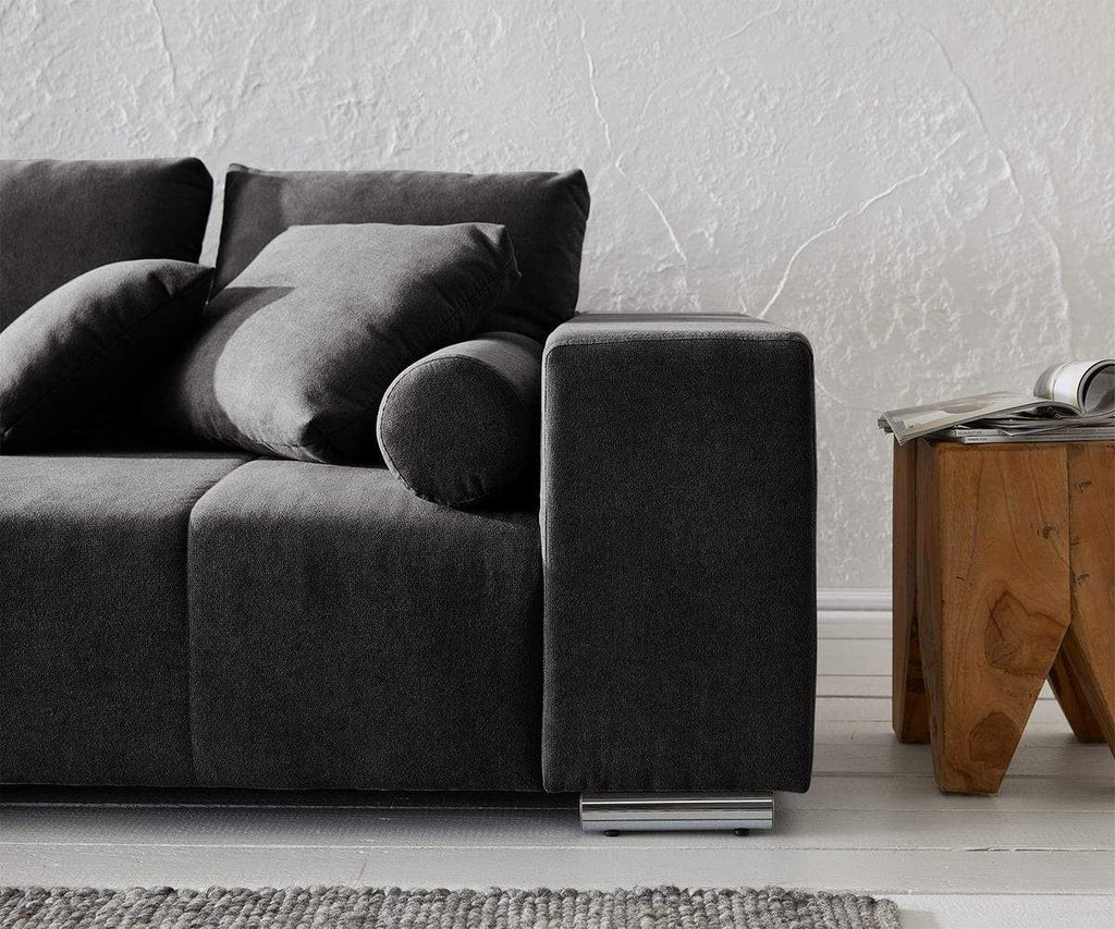 Canapea extensibilă dumonde cu ladă de depozitare si sezut confortabil din spuma high-density, Marbela Enjoy Black XXL 295x100 cm cu taburet inclus