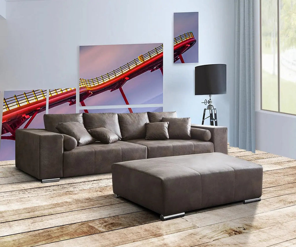 Canapea extensibilă dumonde cu ladă de depozitare si sezut confortabil din spuma high-density, Marbela Tobago Brown XXL 295x100 cm cu taburet inclus
