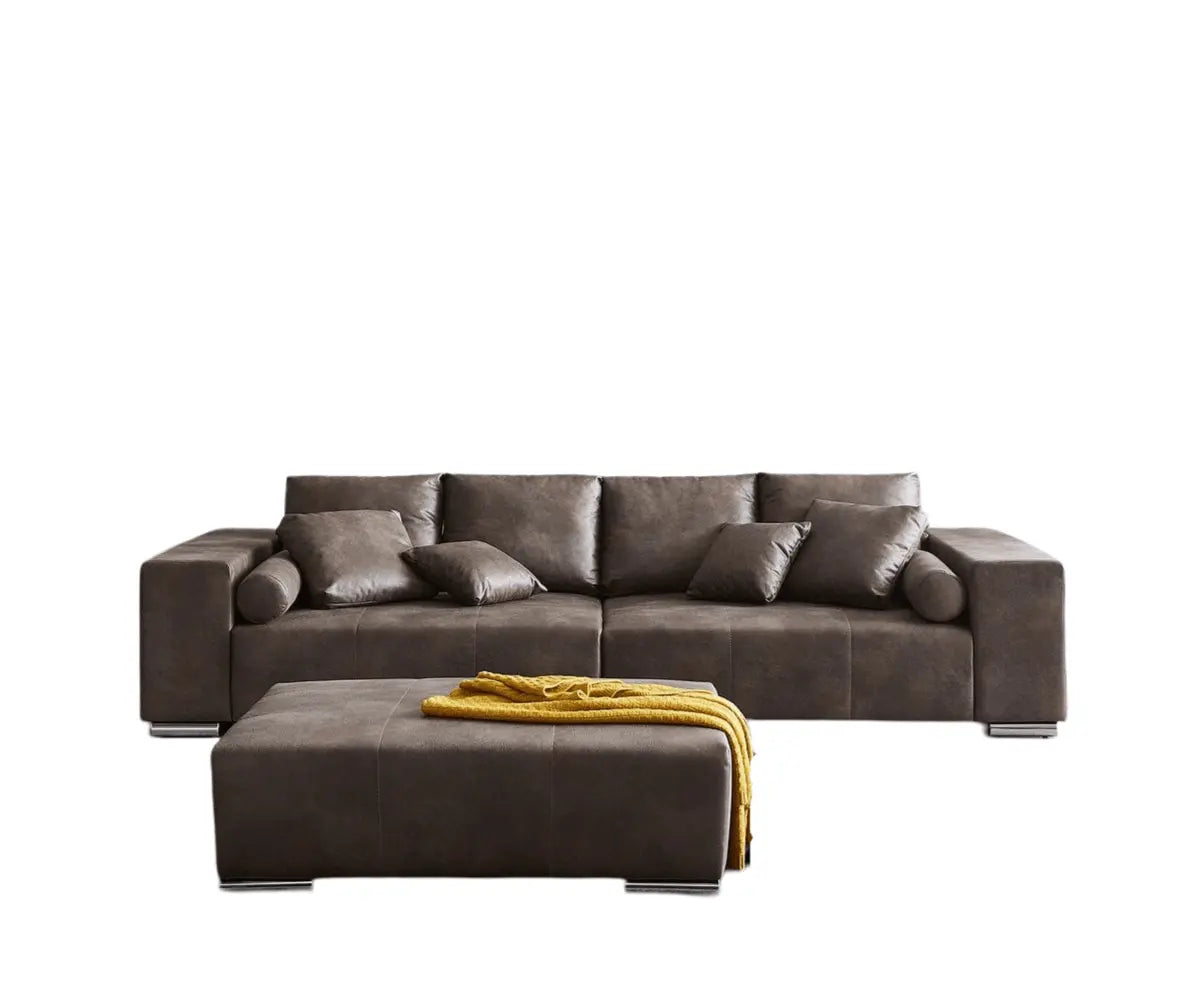 Canapea extensibilă dumonde cu ladă de depozitare si sezut confortabil din spuma high-density, Marbela Tobago Brown XXL 295x100 cm cu taburet inclus
