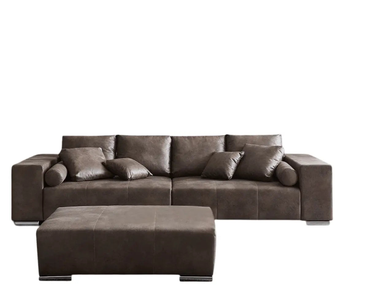 Canapea extensibilă dumonde cu ladă de depozitare si sezut confortabil din spuma high-density, Marbela Tobago Brown XXL 295x100 cm cu taburet inclus