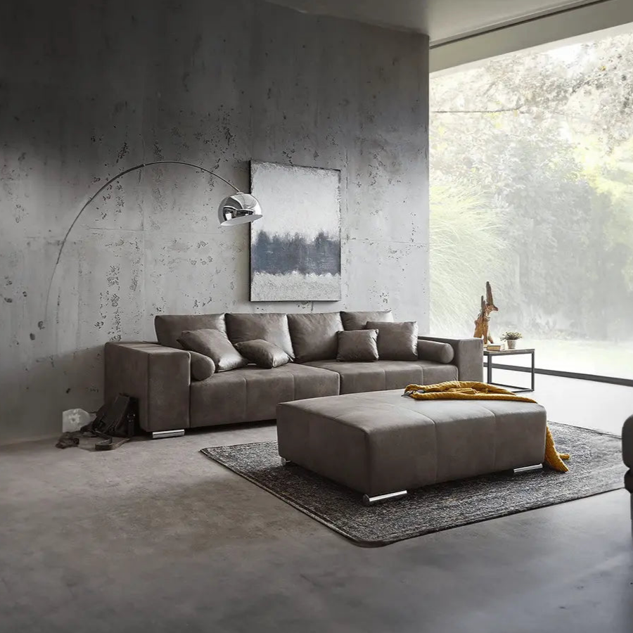Canapea extensibilă dumonde cu ladă de depozitare si sezut confortabil din spuma high-density, Marbela Tobago Brown XXL 295x100 cm cu taburet inclus