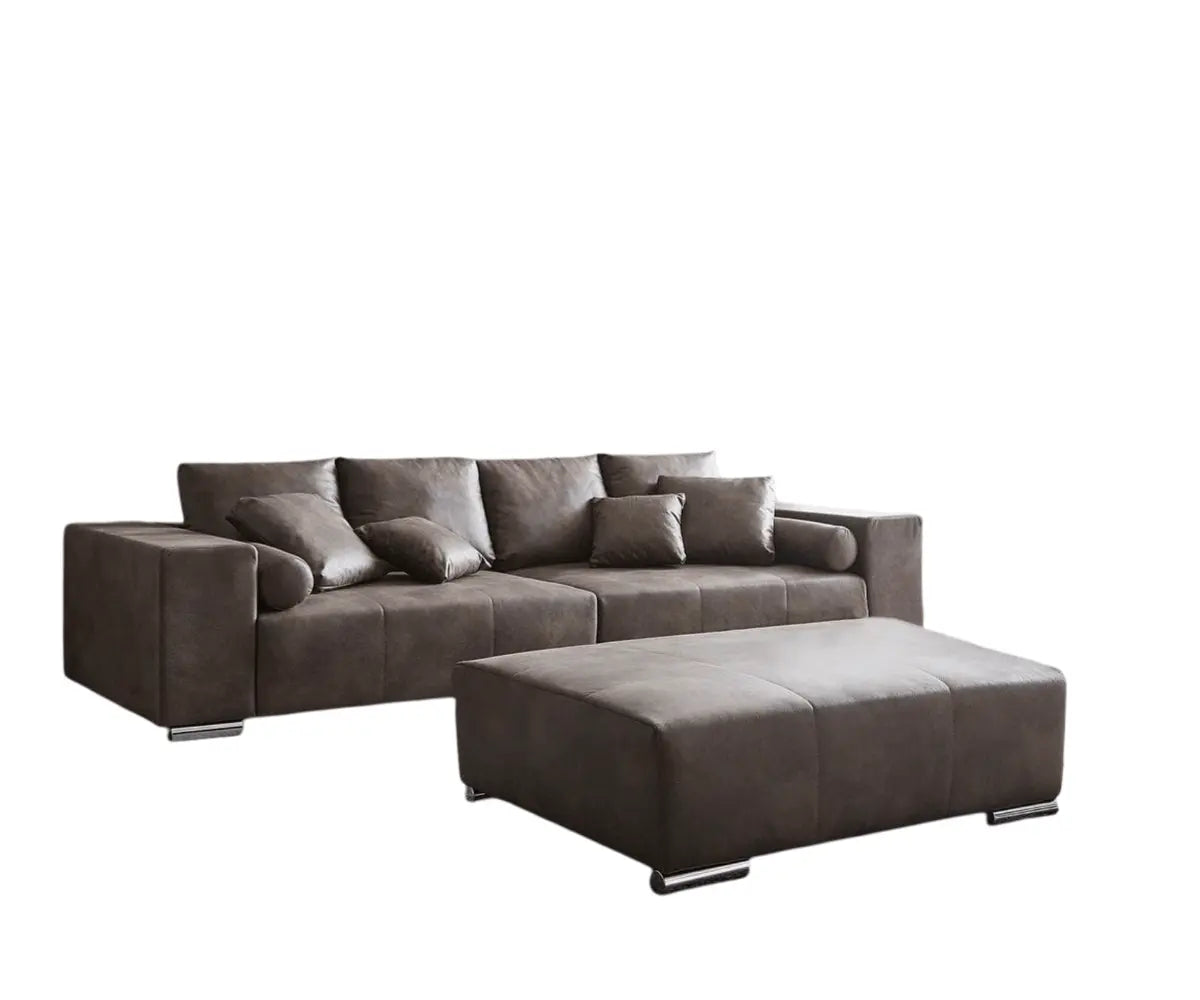 Canapea extensibilă dumonde cu ladă de depozitare si sezut confortabil din spuma high-density, Marbela Tobago Brown XXL 295x100 cm cu taburet inclus