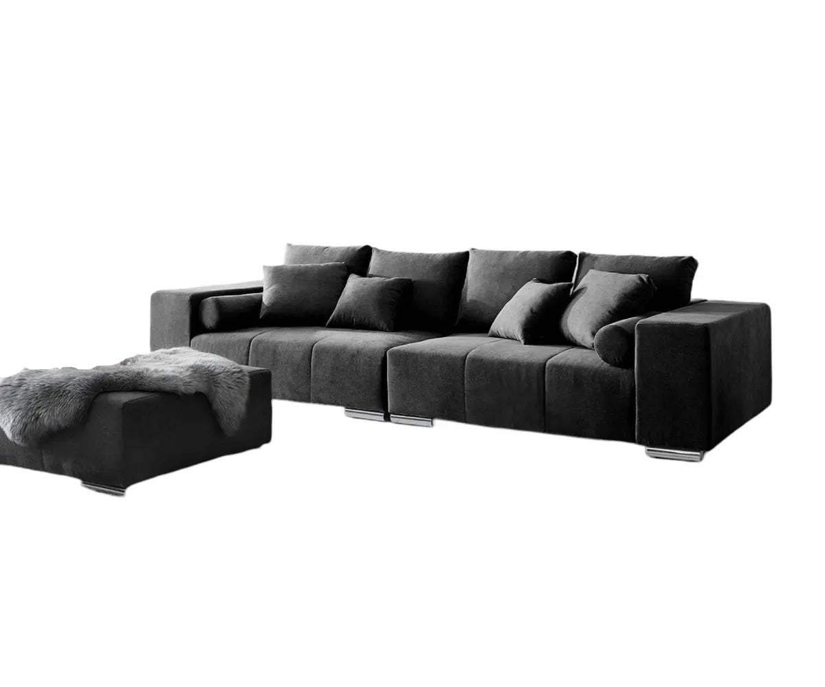 Canapea extensibilă dumonde cu ladă de depozitare si sezut confortabil din spuma high-density, Marbela Enjoy Black XXL 295x100 cm cu taburet inclus