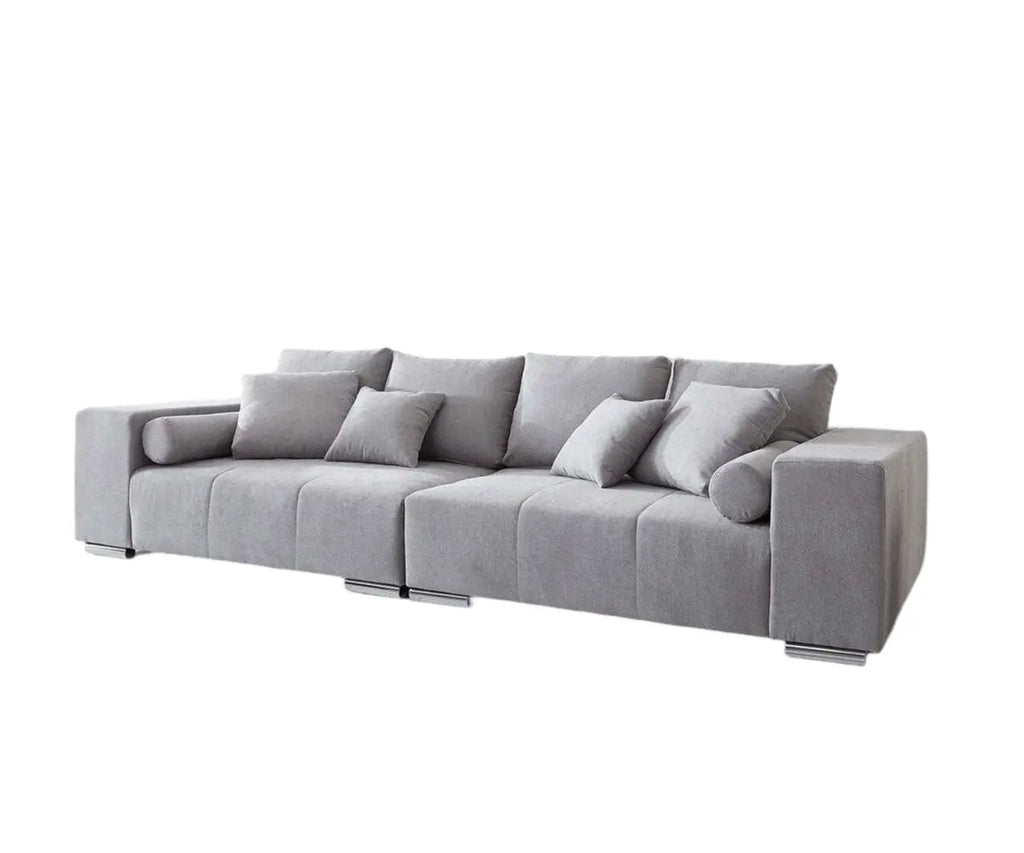 Canapea extensibilă dumonde cu ladă de depozitare si sezut confortabil din spuma high-density, Marbela Enjoy Silver XXL 295x100 cm cu taburet inclus