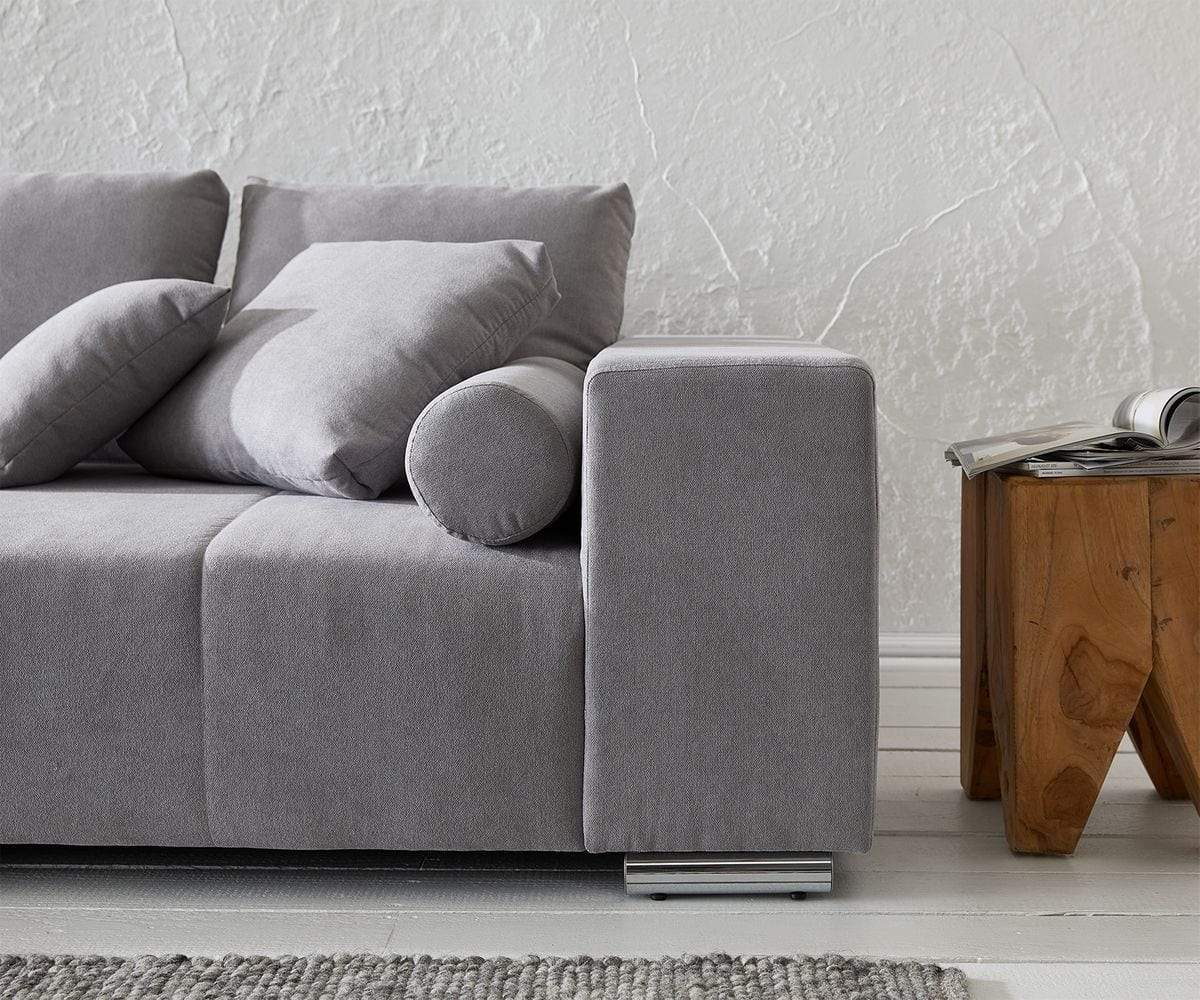 Canapea extensibilă dumonde cu ladă de depozitare si sezut confortabil din spuma high-density, Marbela Enjoy Silver XXL 295x100 cm cu taburet inclus
