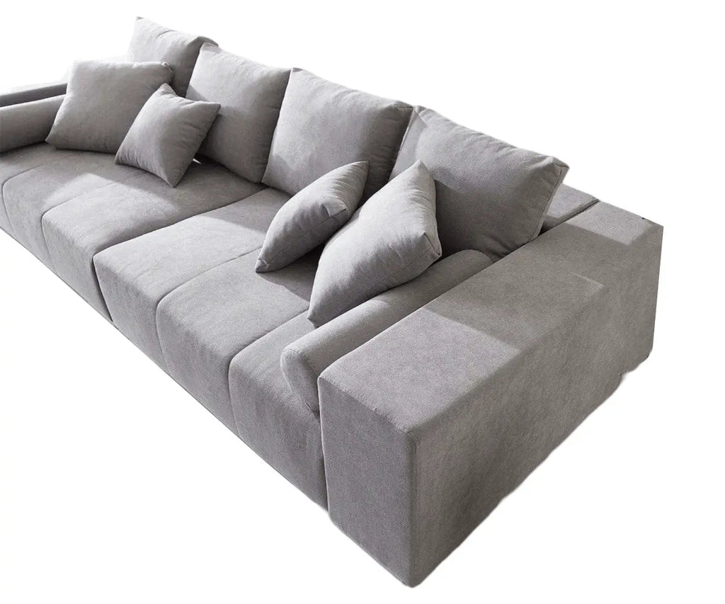 Canapea extensibilă dumonde cu ladă de depozitare si sezut confortabil din spuma high-density, Marbela Enjoy Silver XXL 295x100 cm cu taburet inclus