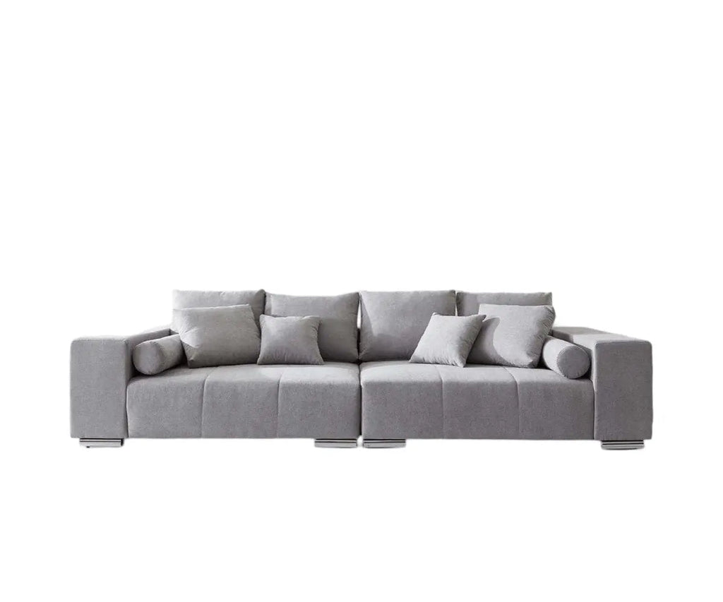 Canapea extensibilă dumonde cu ladă de depozitare si sezut confortabil din spuma high-density, Marbela Enjoy Silver XXL 295x100 cm cu taburet inclus