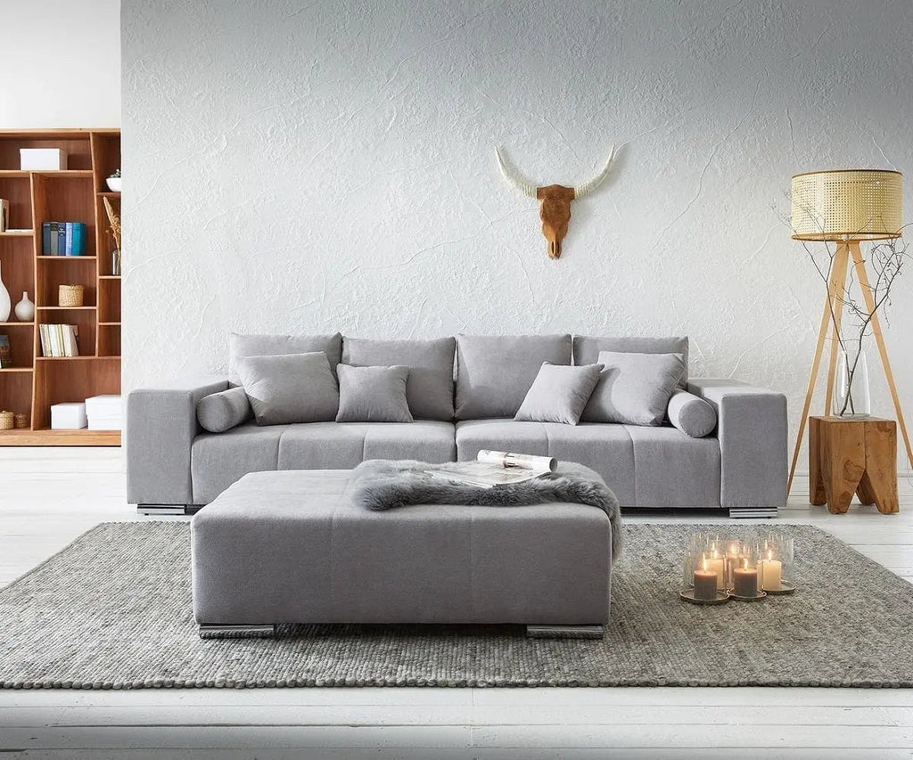 Canapea extensibilă dumonde cu ladă de depozitare si sezut confortabil din spuma high-density, Marbela Enjoy Silver XXL 295x100 cm cu taburet inclus