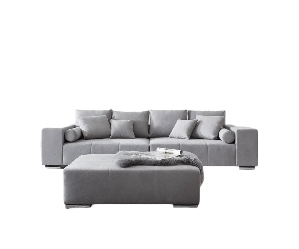 Canapea extensibilă dumonde cu ladă de depozitare si sezut confortabil din spuma high-density, Marbela Enjoy Silver XXL 295x100 cm cu taburet inclus