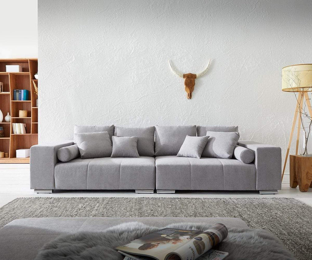 Canapea extensibilă dumonde cu ladă de depozitare si sezut confortabil din spuma high-density, Marbela Enjoy Silver XXL 295x100 cm cu taburet inclus