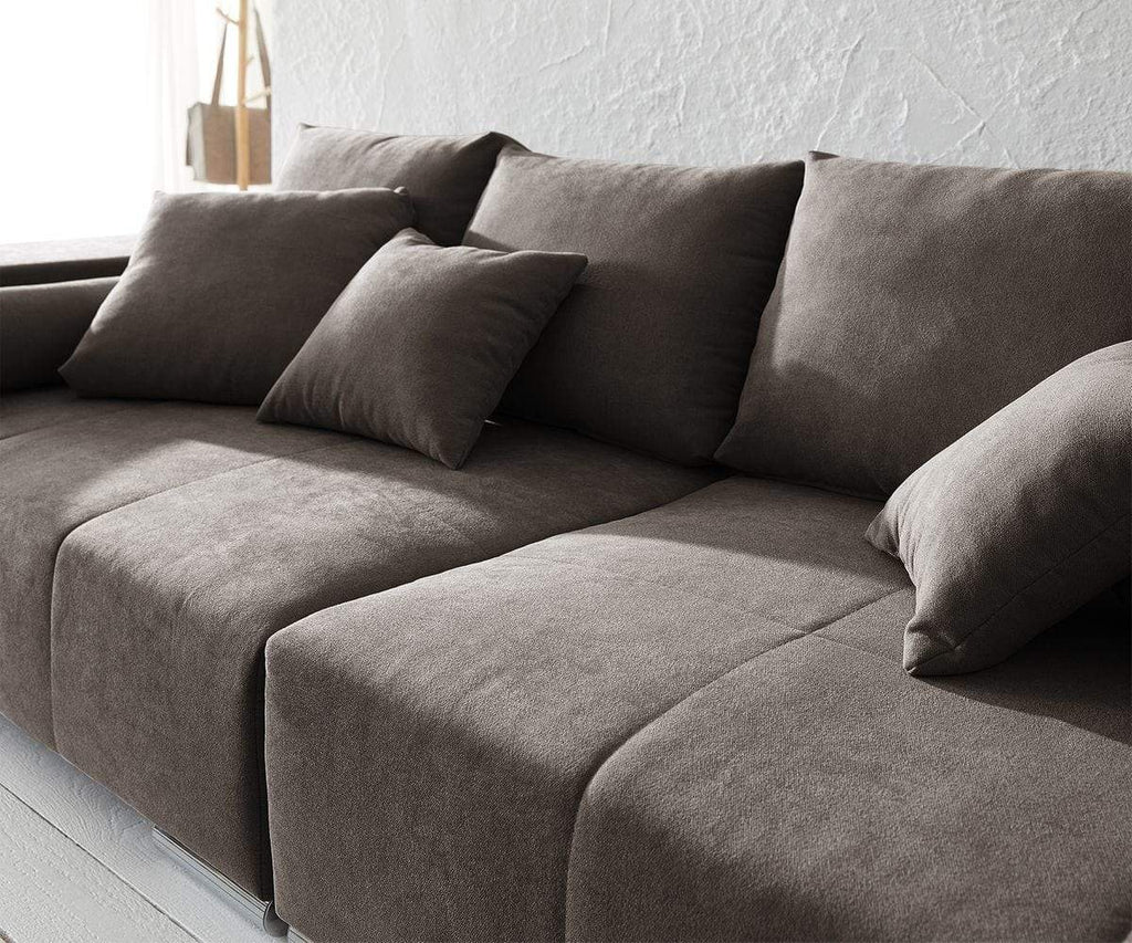 Canapea extensibilă dumonde cu ladă de depozitare si sezut confortabil din spuma high-density, Marbela Enjoy Kaki XXL 295x100 cm cu taburet inclus