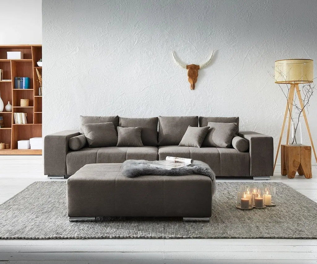 Canapea extensibilă dumonde cu ladă de depozitare si sezut confortabil din spuma high-density, Marbela Enjoy Kaki XXL 295x100 cm cu taburet inclus