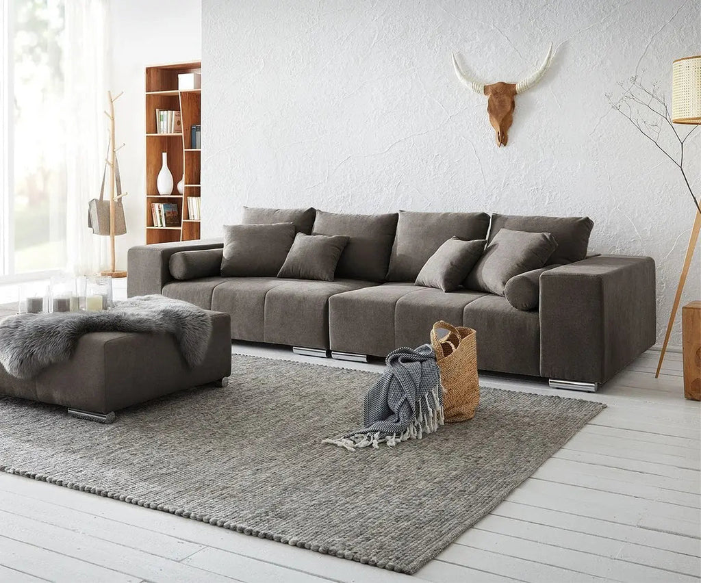 Canapea extensibilă dumonde cu ladă de depozitare si sezut confortabil din spuma high-density, Marbela Enjoy Kaki XXL 295x100 cm cu taburet inclus