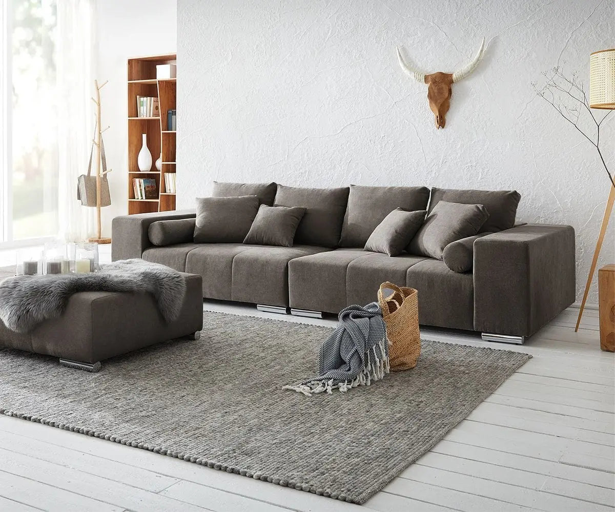 Canapea extensibilă dumonde cu ladă de depozitare si sezut confortabil din spuma high-density, Marbela Enjoy Kaki XXL 295x100 cm cu taburet inclus