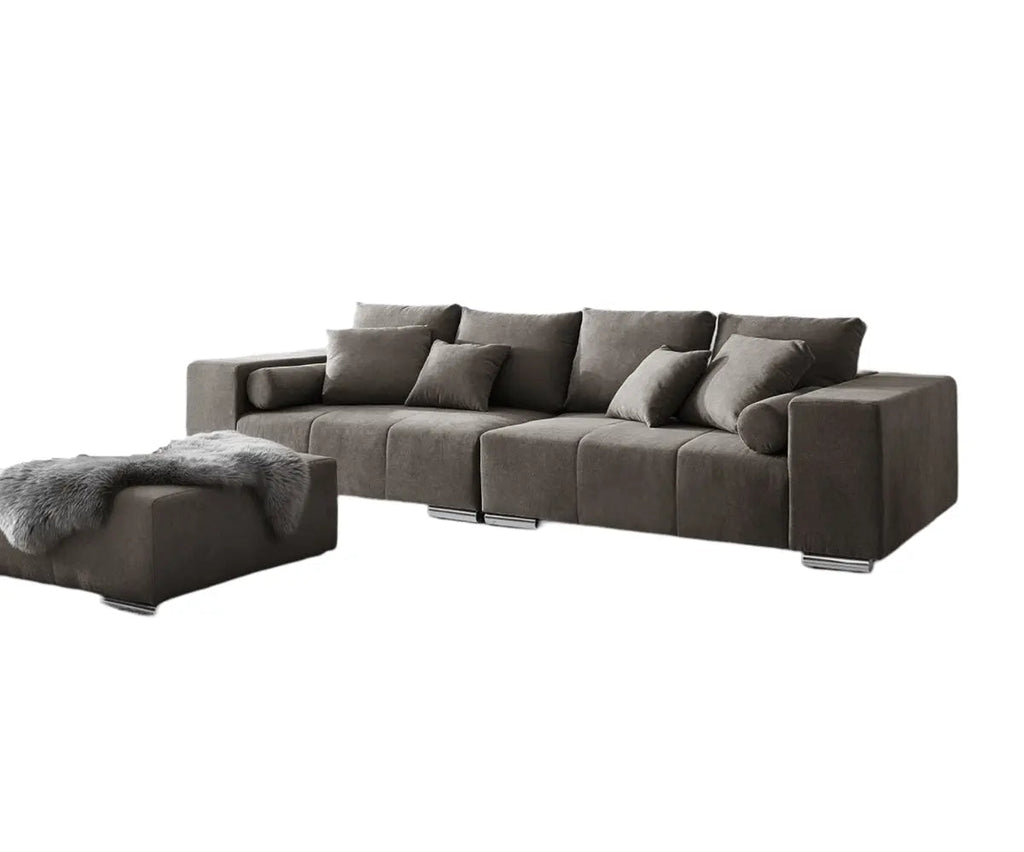 Canapea extensibilă dumonde cu ladă de depozitare si sezut confortabil din spuma high-density, Marbela Enjoy Kaki XXL 295x100 cm cu taburet inclus