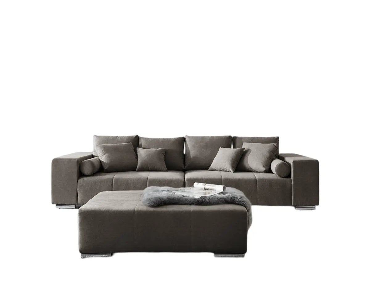 Canapea extensibilă dumonde cu ladă de depozitare si sezut confortabil din spuma high-density, Marbela Enjoy Kaki XXL 295x100 cm cu taburet inclus