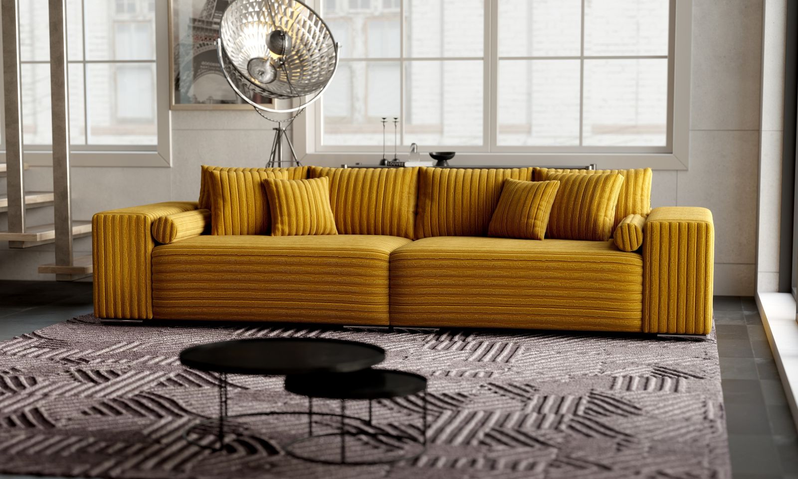 Canapea extensibilă dumonde cu ladă de depozitare si sezut confortabil din spuma high-density, Marbela Ambience Mustar XXL 295x100 cm