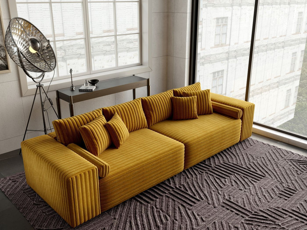 Canapea extensibilă dumonde cu ladă de depozitare si sezut confortabil din spuma high-density, Marbela Ambience Mustar XXL 295x100 cm