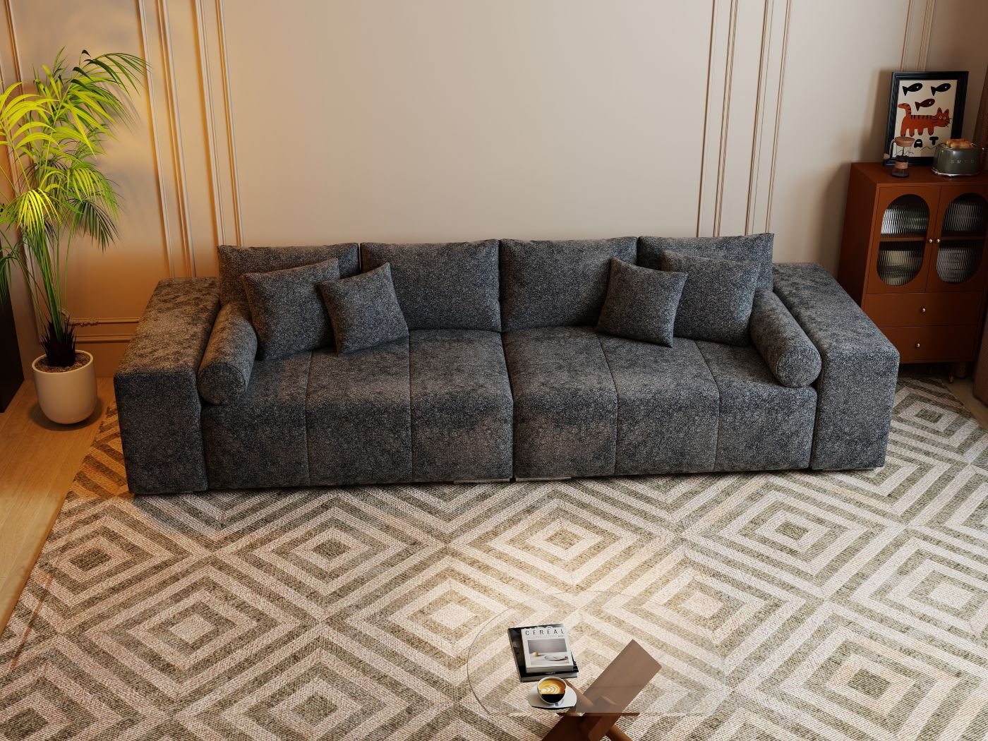 Canapea extensibilă dumonde cu ladă de depozitare si sezut confortabil din spuma high-density, Marbela Euphoria Black XXL 295x100 cm