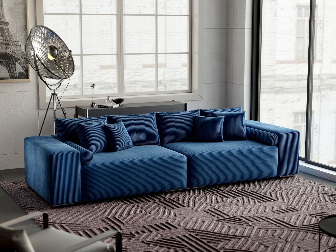 Canapea extensibilă dumonde cu ladă de depozitare si sezut confortabil din spuma high-density, Marbela Zoom Blue XXL 295x100 cm
