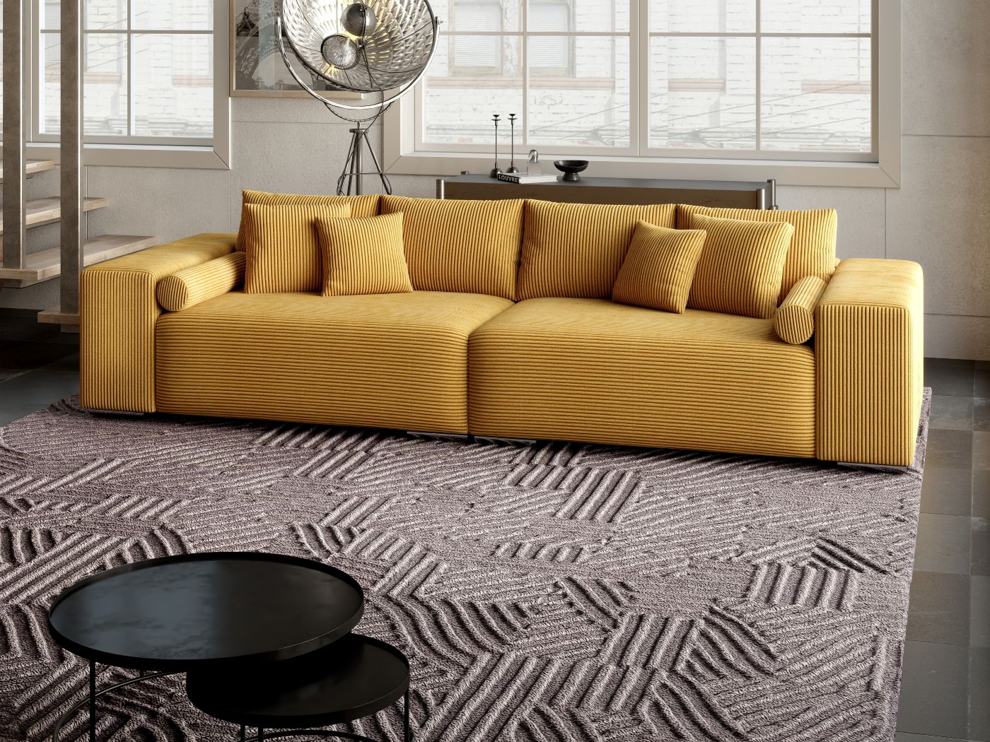 Canapea extensibilă dumonde cu ladă de depozitare si sezut confortabil din spuma high-density, Marbela Zoom Mustar XXL 295x100 cm