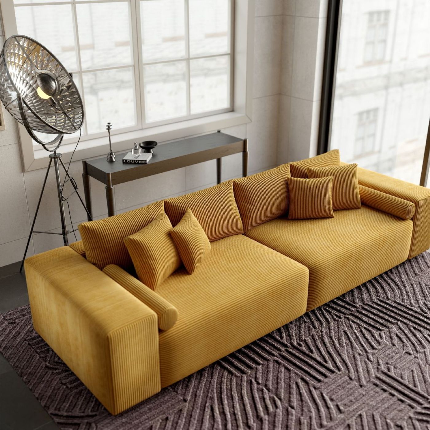 Canapea extensibilă dumonde cu ladă de depozitare si sezut confortabil din spuma high-density, Marbela Zoom Mustar XXL 295x100 cm