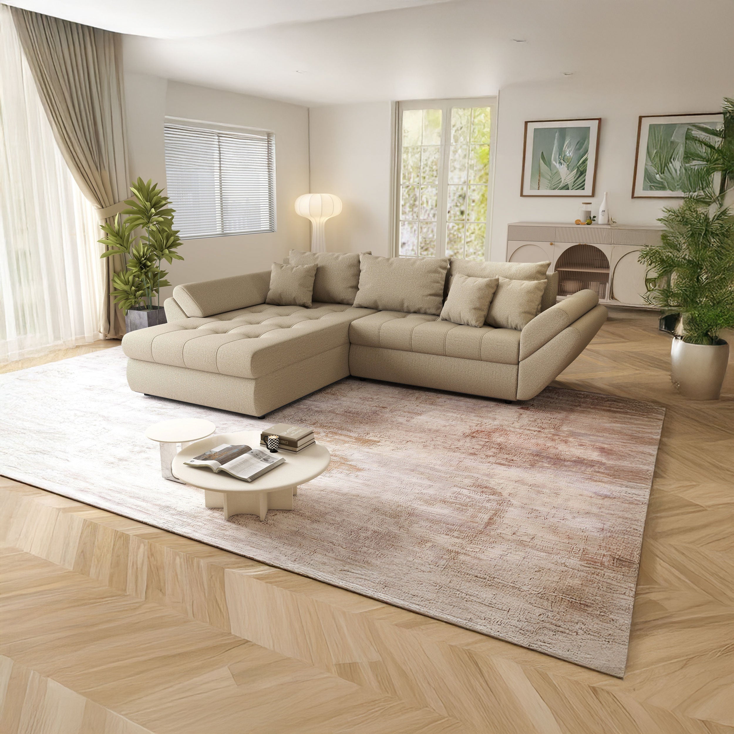 Colțar extensibil dumonde cu ladă de depozitare si sezut confortabil din spuma high-density, Loana Enjoy Camel 270x185 cm