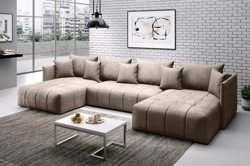 Colțar extensibil dumonde cu ladă de depozitare si sezut confortabil din spuma high-density, Malta U Camel 340x185 cm