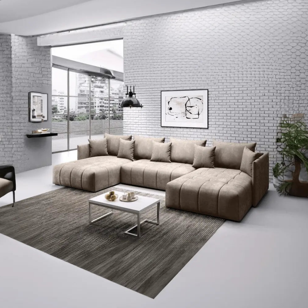 Colțar extensibil dumonde cu ladă de depozitare si sezut confortabil din spuma high-density, Malta U Camel 340x185 cm
