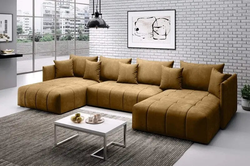 Colțar extensibil dumonde cu ladă de depozitare si sezut confortabil din spuma high-density, Malta U Royal Muștar 340x185 cm