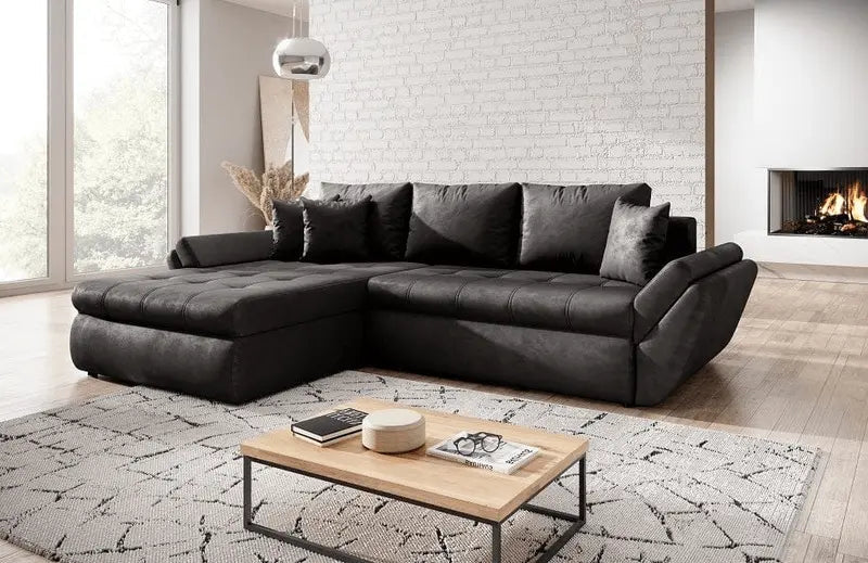 Colțar extensibil dumonde cu ladă de depozitare si sezut confortabil din spuma high-density, Loana Madagaskar Black 270x185 cm