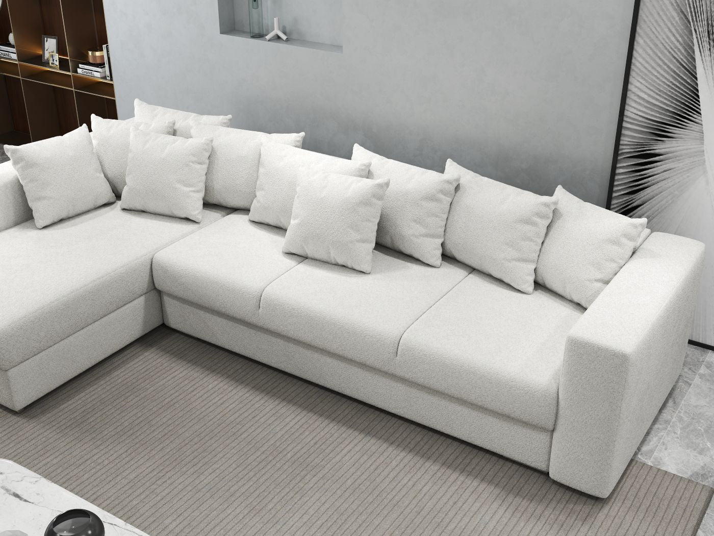 Colțar extensibil dumonde cu ladă de depozitare si sezut confortabil din spuma high-density, Gloria Euphoria Ivory 320x183 cm