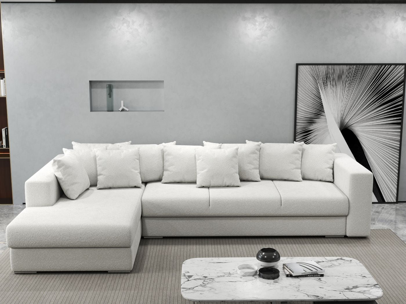 Colțar extensibil dumonde cu ladă de depozitare si sezut confortabil din spuma high-density, Gloria Euphoria Ivory 320x183 cm