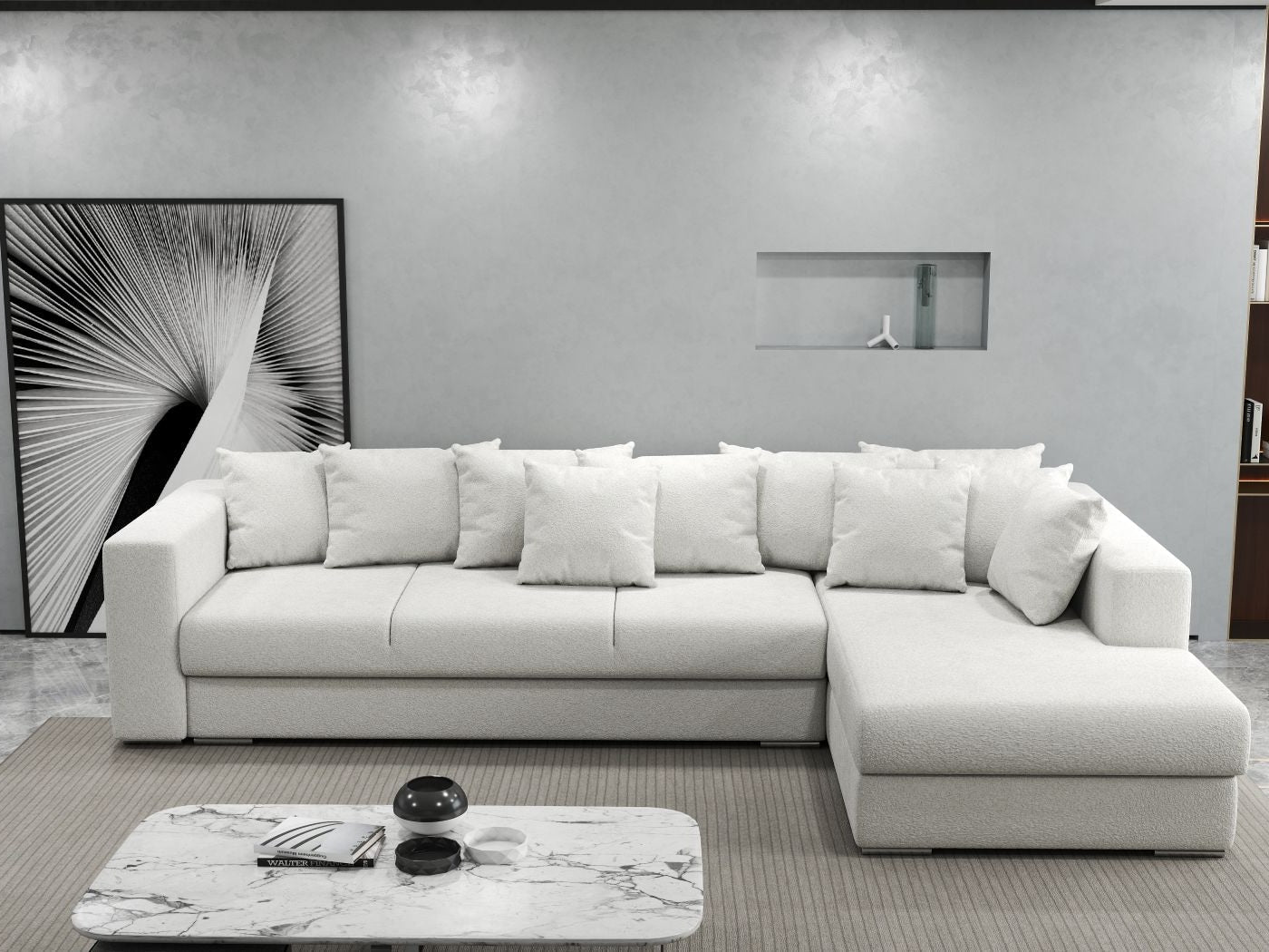 Colțar extensibil dumonde cu ladă de depozitare si sezut confortabil din spuma high-density, Gloria Euphoria Ivory II 320x183 cm