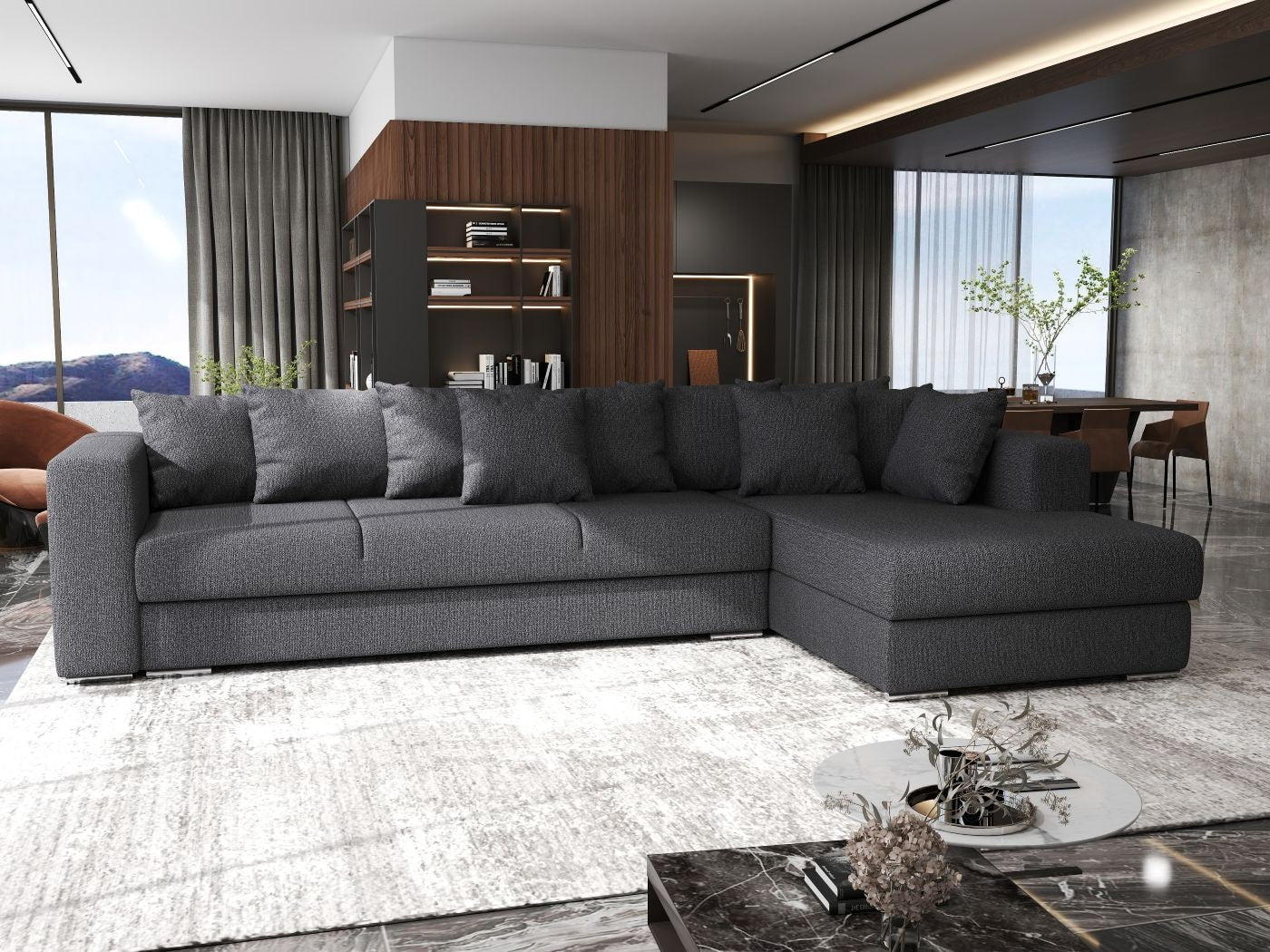 Colțar extensibil dumonde cu ladă de depozitare si sezut confortabil din spuma high-density, Gloria Enjoy Grafit 320x183 cm