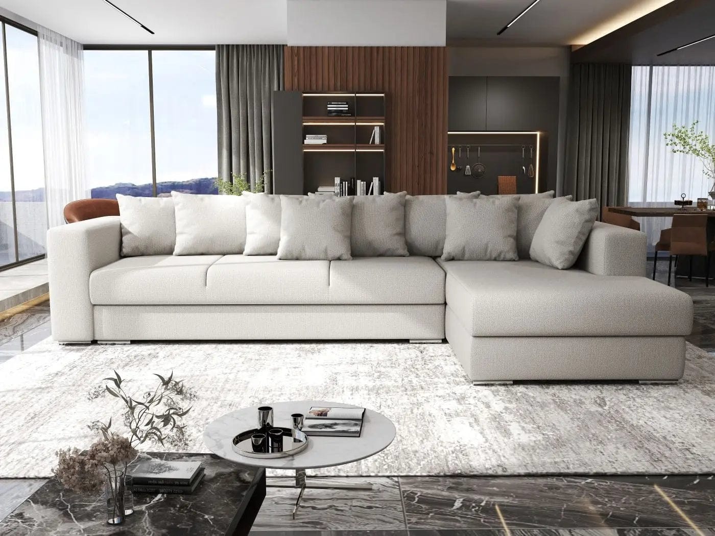 Colțar extensibil dumonde cu ladă de depozitare si sezut confortabil din spuma high-density, Gloria Enjoy Beige II 320x183 cm
