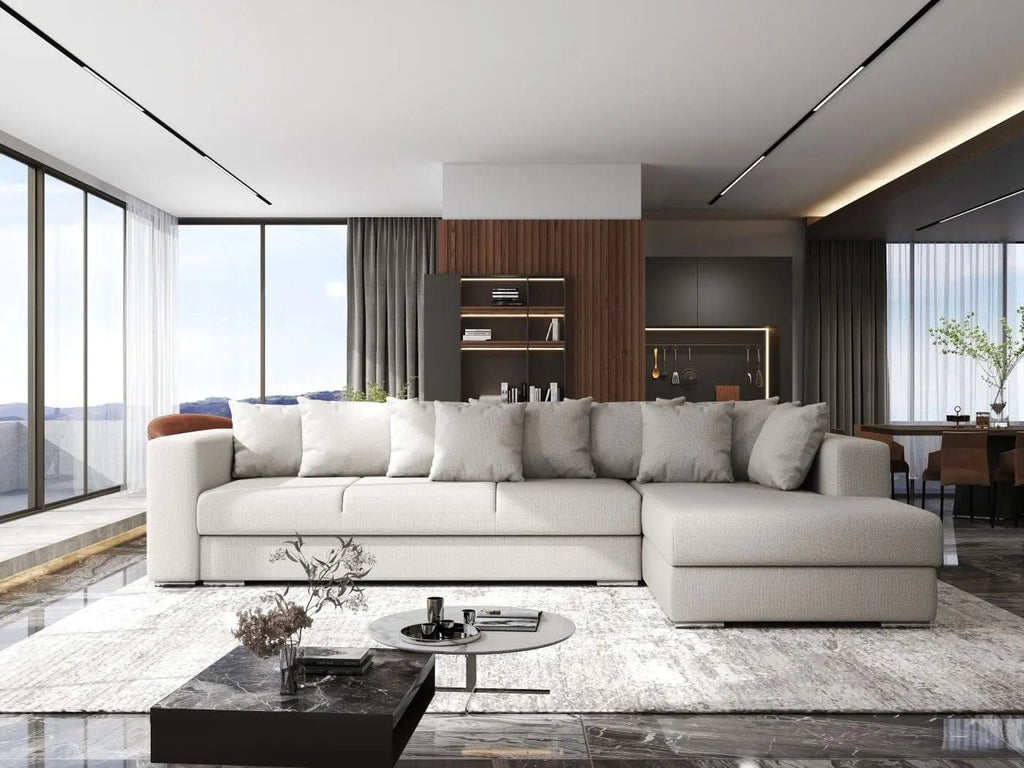 Colțar extensibil dumonde cu ladă de depozitare si sezut confortabil din spuma high-density, Gloria Enjoy Beige II 320x183 cm